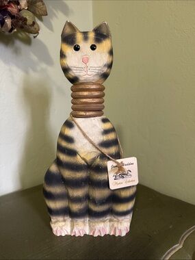 Handpainted Wooden Cat Figurine - Black and Cream Stripes